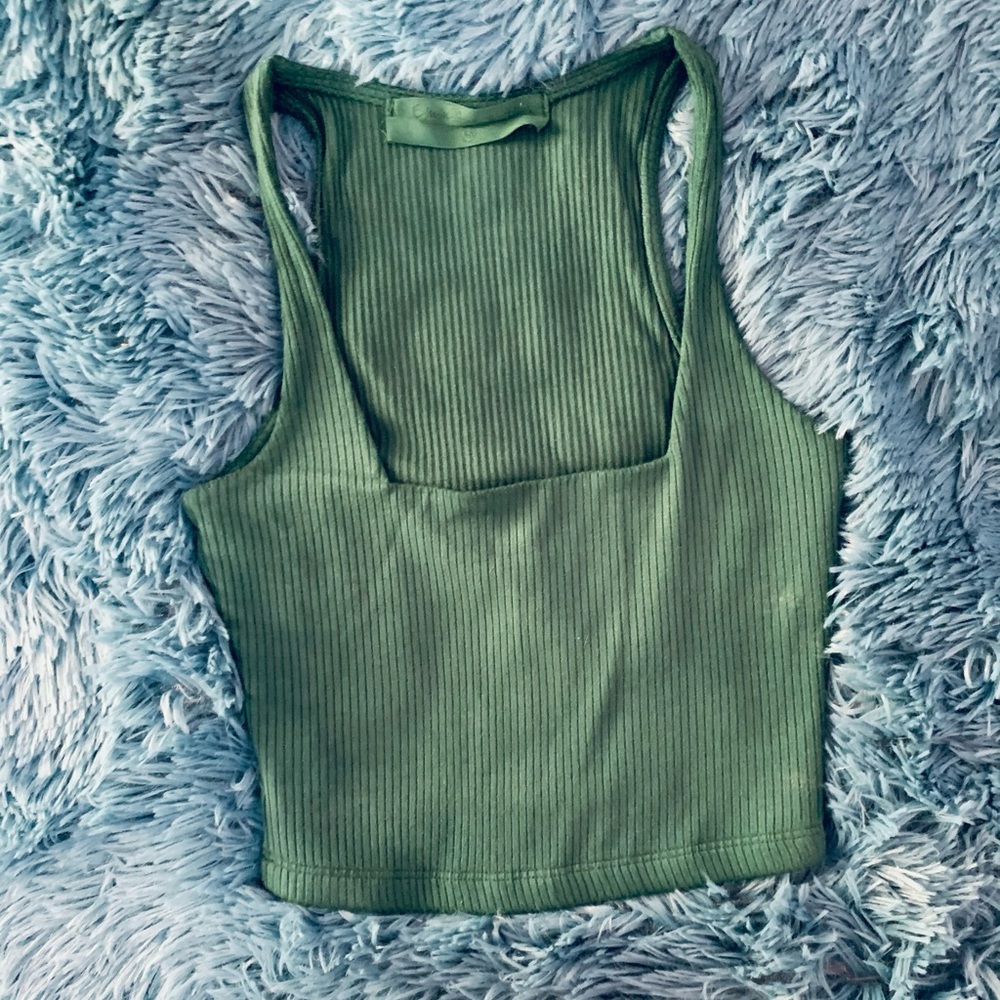 Green Ribbed Square Neckline Tank Top size XS